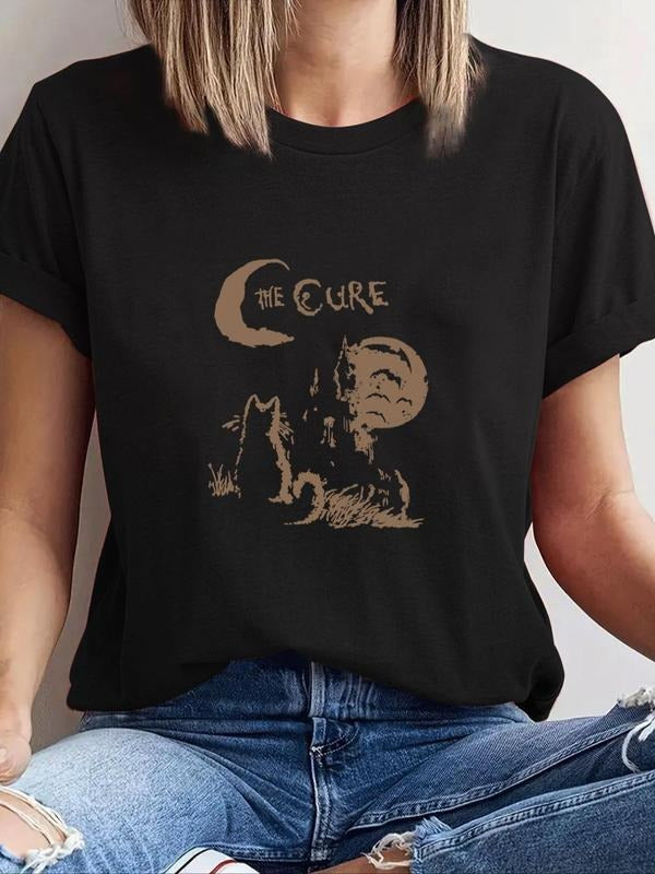 Women's Cat & Moon Print Round Neck Graphic Tee, Vintage Trendy Casual Short Sleeve T-shirt for Daily Wear, Ladies Summer...