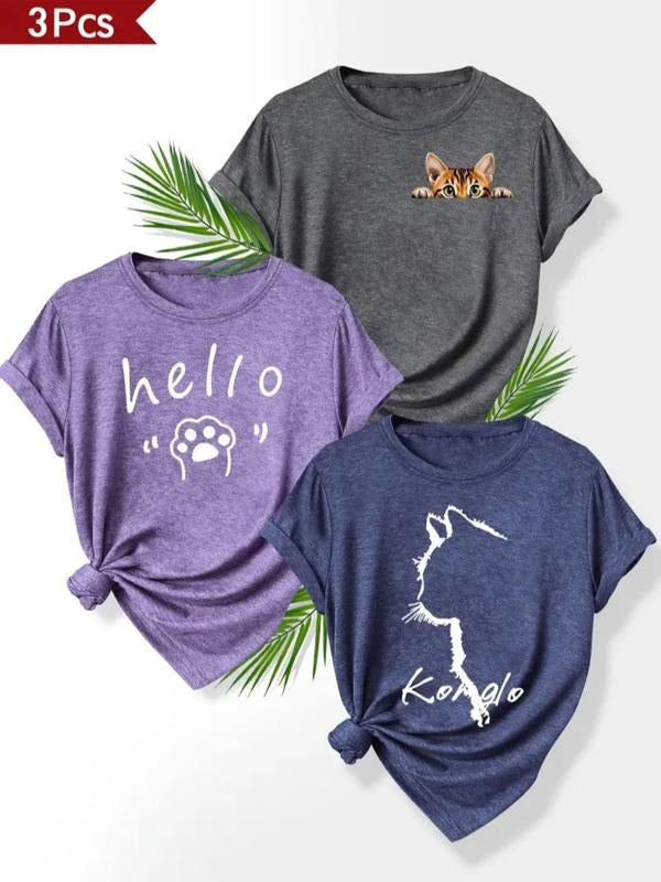 Women's Cat & Paw Print Round Neck Tee, Casual Short Sleeve Crew Neck T-shirt for Daily Wear, Ladies Clothes for Summer...