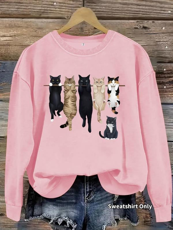 Women's Cat Print Crew Neck Sweatshirt, Casual Long Sleeve Pullover for Daily Wear, Ladies Clothes for Fall & Winter,...