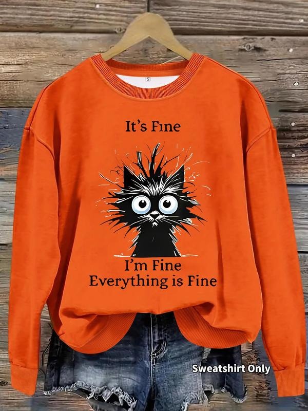 Women's Cat Print Crew Neck Sweatshirt, Casual Long Sleeve Pullover for Fall & Winter, Women's Clothes for Daily Wear,...