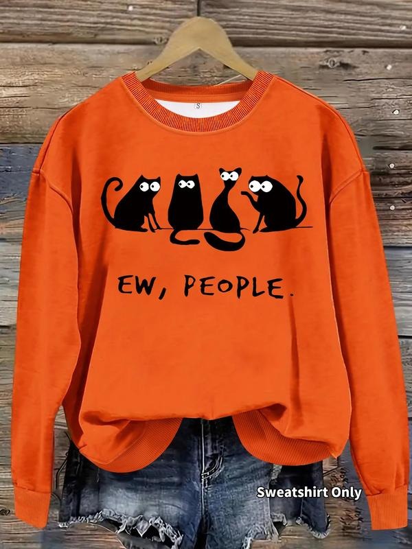 Women's Cat Print Crew Neck Sweatshirt, Casual Long Sleeve Pullover for Fall & Winter, Women's Clothes for Daily Wear,...
