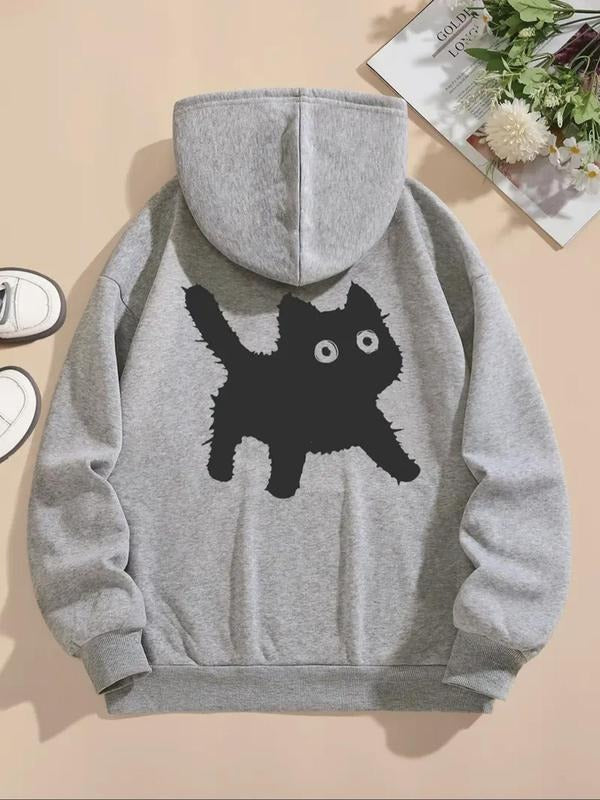 Women's Cat Print Drawstring Hoodie, Fashion Casual Hooded Sweatshirt for Daily Holiday Outdoor Wear, Women Clothing for...
