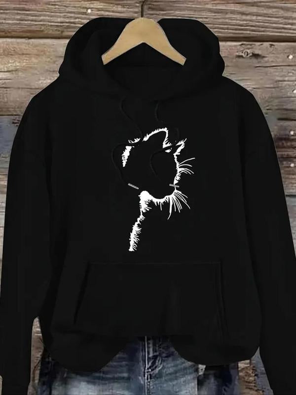 Women's Cat Print Drawstring Pocket Hoodie, Casual Drop Shoulder Long Sleeve Hooded Sweatshirt, Ladies Fall & Winter...