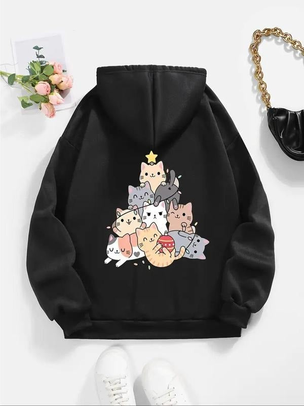 Women's Cat Print Drawstring Pocket Hoodie, Fashion Casual Hooded Sweatshirt for Daily Holiday Outdoor Wear, Women...