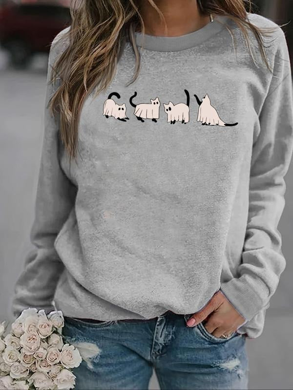 Women's Cat Print Drop Shoulder Sweatshirt, Casual Long Sleeve Round Neck Pullover for Fall & Winter, Ladies Clothes for...
