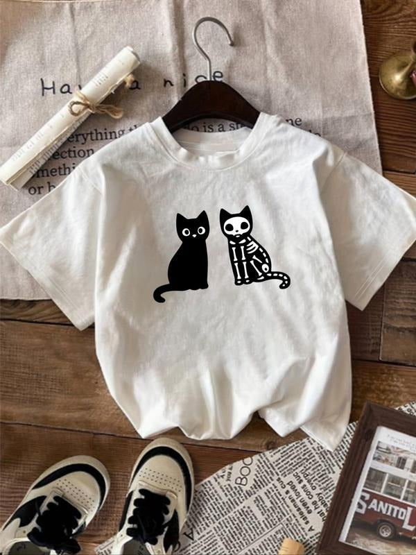Women's Cat Print Round Neck Tee, Casual Short Sleeve Crew Neck T-Shirt for Fall & Winter, Women's Top for Daily Wear...