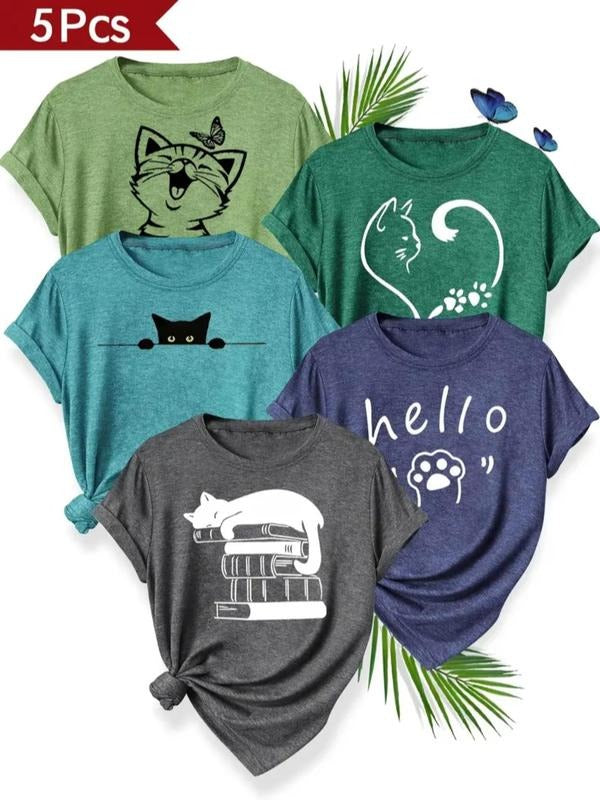 Women's Cat Print Round Neck Tee, Casual Short Sleeve Crew Neck T-Shirt for Summer, Fashion Women's Top for Daily Wear...