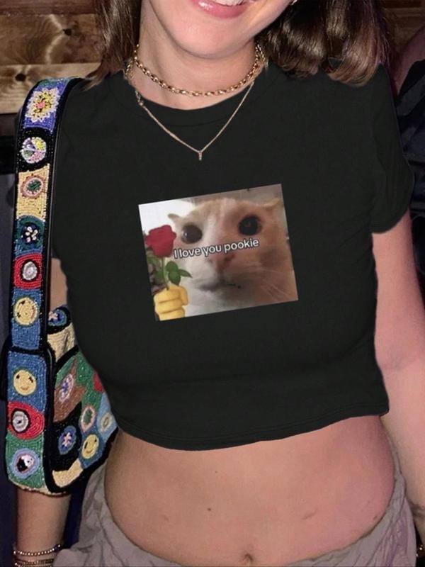 Women's Cat Print Round Neck Tee, Cute Short Sleeve Crew Neck T-Shirt for Summer, Fashion Casual Women's Top for Daily...