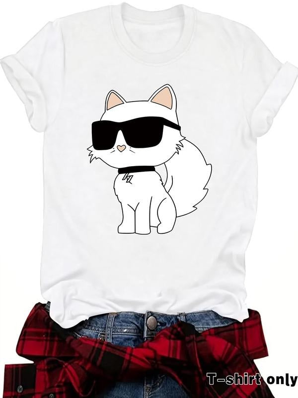 Women's Cat Print Round Neck Tee, Fashion Casual Crew Neck T-Shirt for Daily Holiday Vacation Outdoor Wear, Ladies...