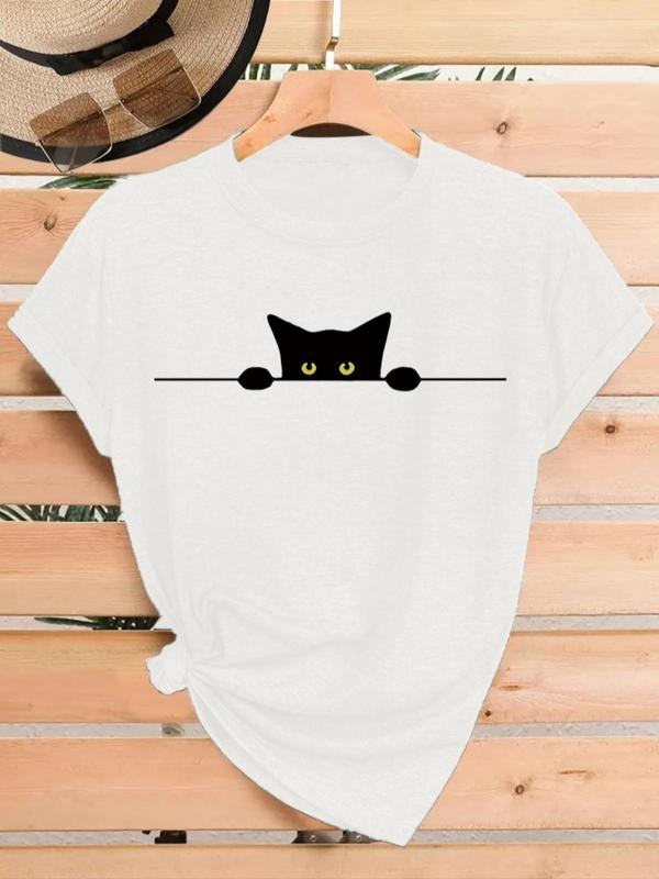 Women's Cat Print Round Neck Tee, Fashion Casual Crew Neck T-Shirt for Daily Holiday Vacation Outdoor Wear, Ladies...