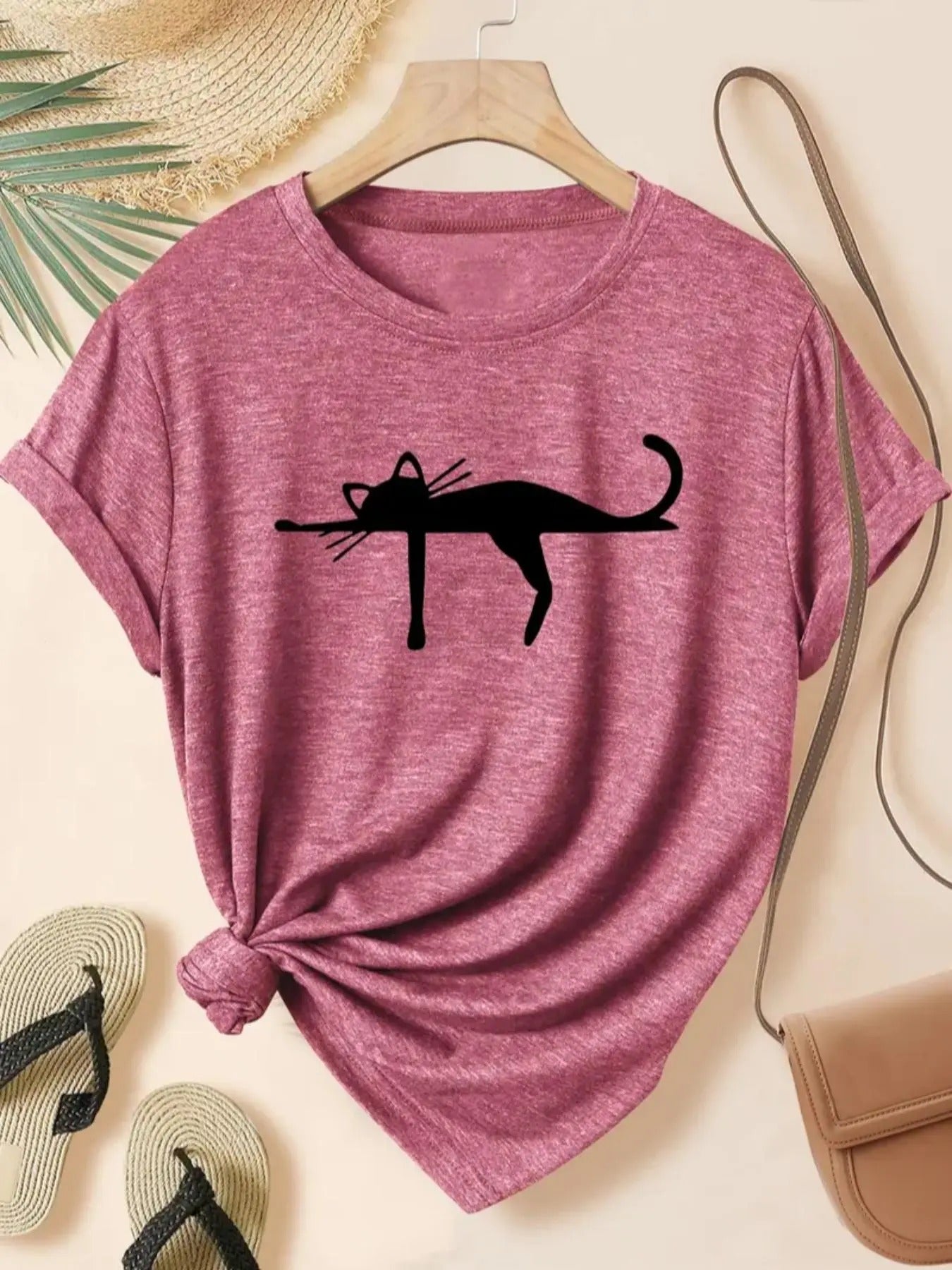 Women's Cat Print Round Neck Tee, Fashion Casual Short Sleeve T-shirt for Daily Wear, Ladies Clothes for All Seasons...