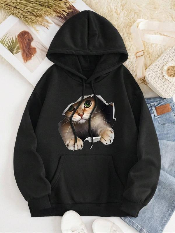 Women's Cat Print Thermal Lined Drawstring Hoodie, Fashion Casual Pocket Hooded Sweatshirt for Daily Holiday Outdoor...