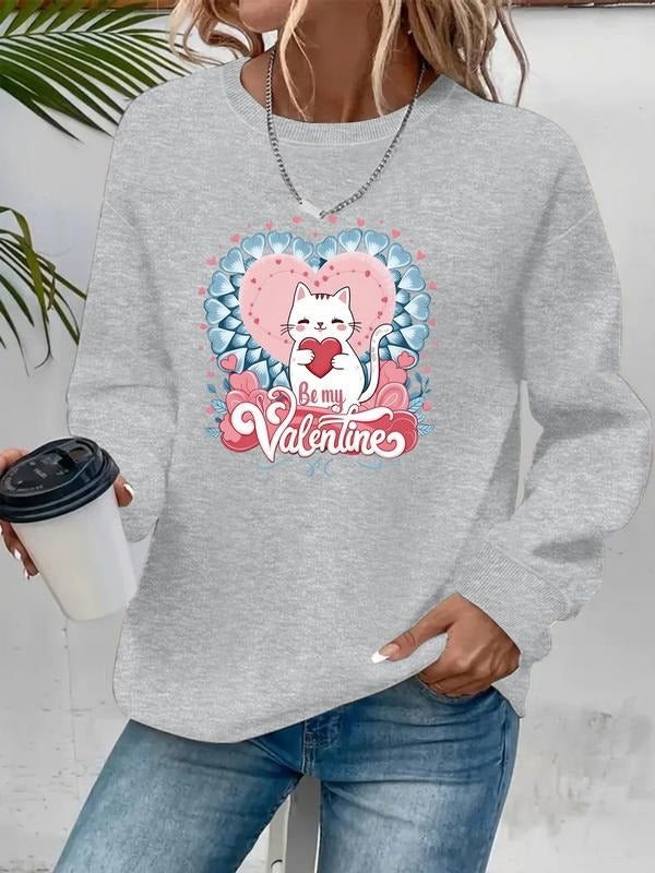 Women's Cat Valentine's Day Graphic Round Neck Sweatshirt, Casual Fitted Pullover, Medium Stretch, All-Season Comfort...