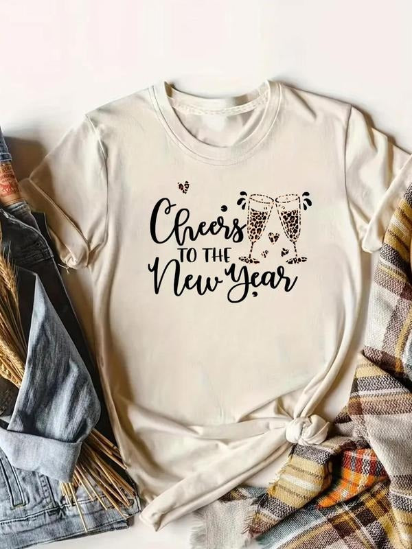 Women's Champagne & Letter Print Round Neck Tee, Casual Print Short Sleeve T-shirt for Daily Wear, Ladies Clothes for All...