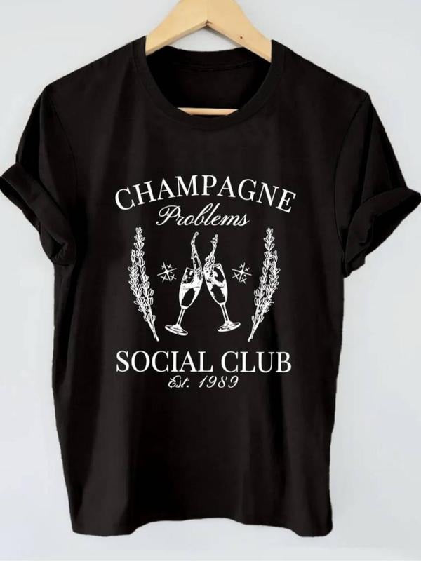 Women's Champagne & Letter Print Round Neck Tee, Casual Short Sleeve Crew Neck T-shirt for Summer, Fashion Women's Top...