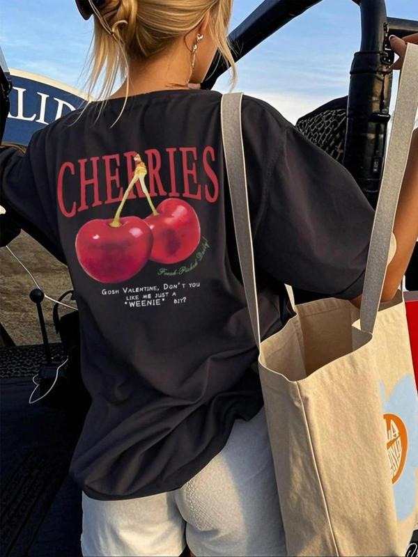 Women's Cherries & Letter Print Round Neck Tee, Vintage Trendy Casual Short Sleeve T-shirt for Daily Wear, Ladies Summer...