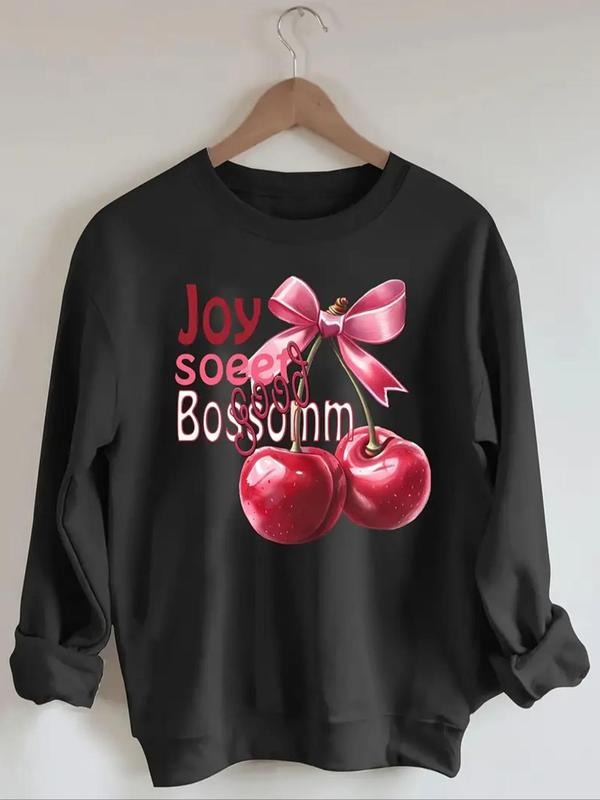 Women's Cherry & Bow & Letter Print Round Neck Sweatshirt, Casual Long Sleeve Pullover for Daily Wear, Ladies  Crew Neck...