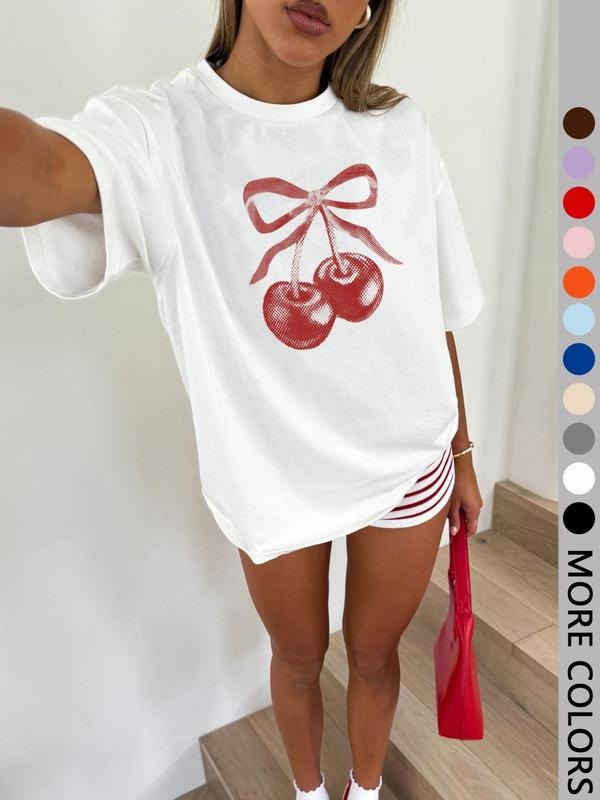 Women's Cherry & Bow Print Round Neck Tee, Casual Short Sleeve Crew Neck T-shirt for Summer, Fashion Women's Top for...