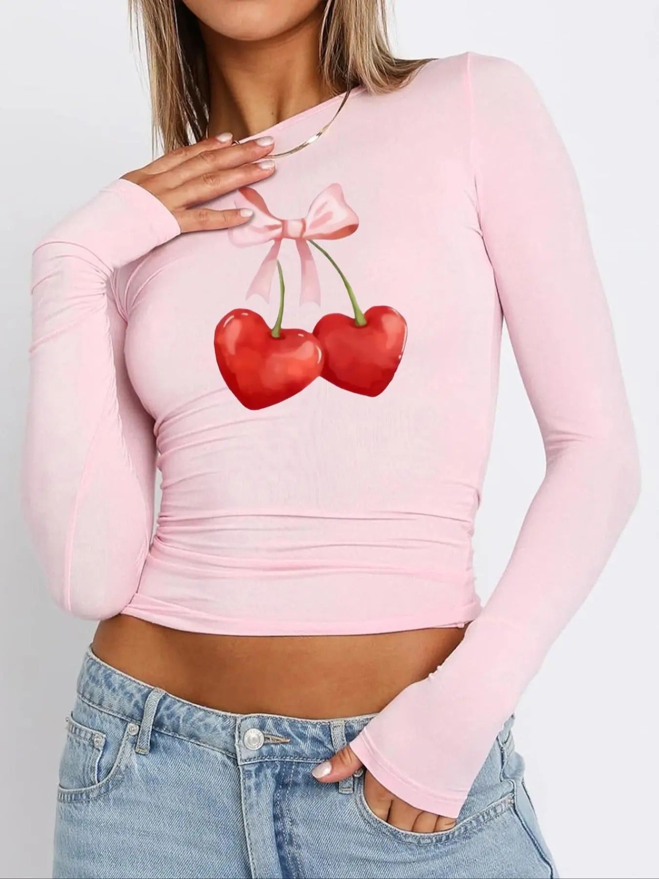 Women's Cherry & Bowknot Print Round Neck Tee, Casual Long Sleeve T-shirt for Daily Wear, Ladies Clothes for All Seasons...