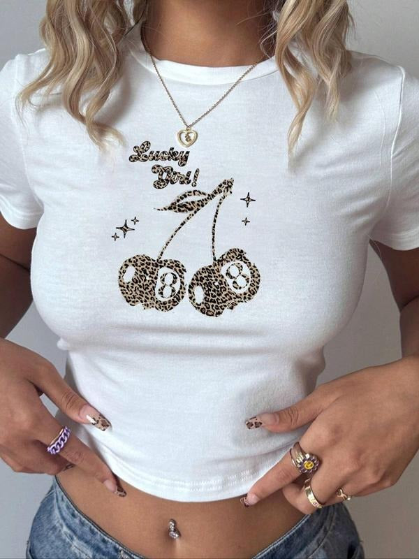 Women's Cherry & Bowling Print Round Neck Tee, Casual Fashion Crew Neck T-shirt for Daily Holiday Vacation Outdoor Wear,...