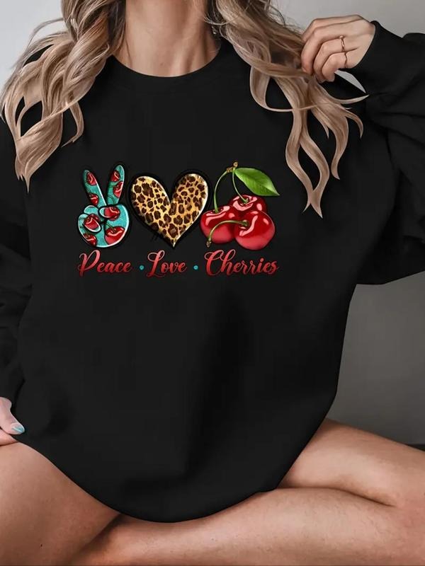 Women's Cherry & Heart Print Drop Shoulder Pullover, Fashion Casual Crew Neck Sweatshirt for Daily Holiday Outdoor Wear,...