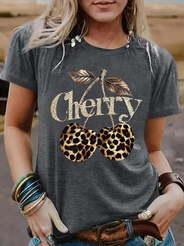 Women's Cherry & Leopard Print Round Neck Tee, Casual Short Sleeve Crew Neck T-shirt for Summer, Fashion Women's Top for...