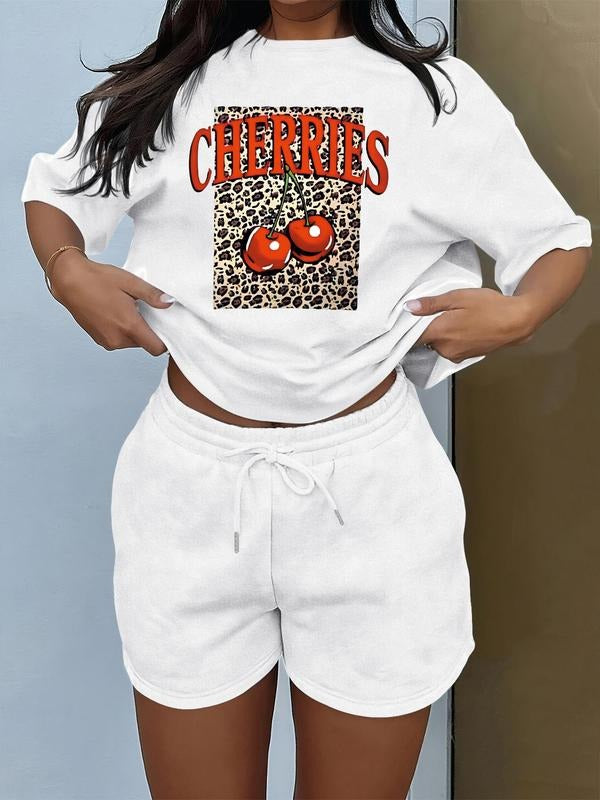 Women's Cherry & Leopard Print Short Sleeve Crop Tee & Shorts Set, Casual Round Neck T-shirt & Skinny Shorts, Ladies...