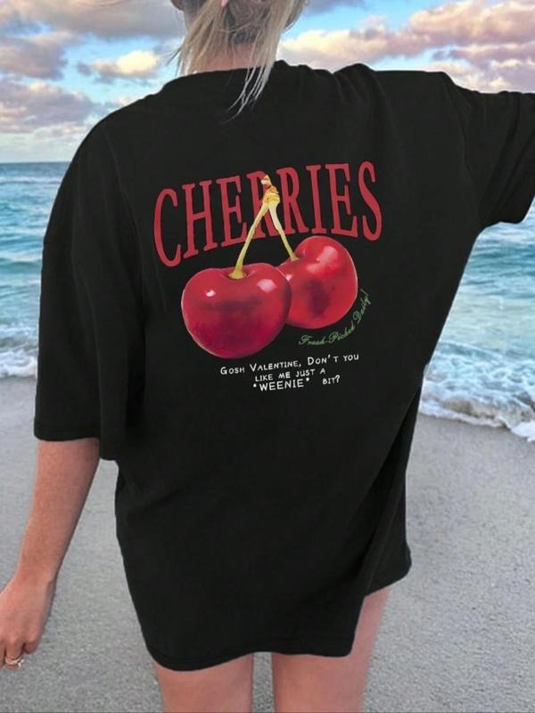 Women's Cherry & Letter Graphic Drop Shoulder Tee, Fashion Casual Round Neck Half Sleeve T-Shirt for Daily Holiday...