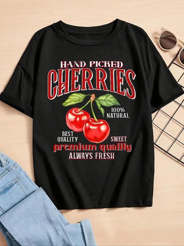 Women's Cherry & Letter Graphic Round Neck Tee, Casual Crew Neck Drop Shoulder T-Shirt for Daily Vacation Outdoor Wear,...