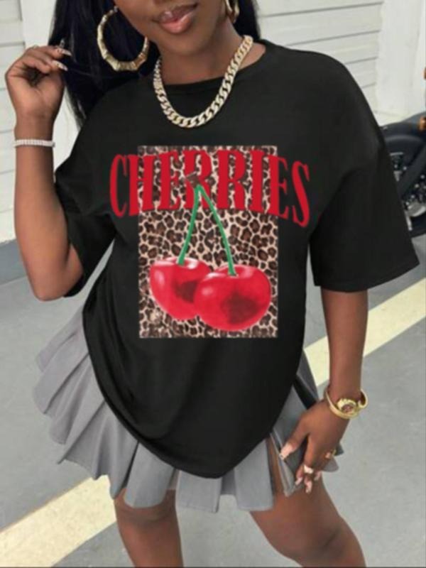 Women's Cherry & Letter Print Curved Hem Tee, Casual Short Sleeve T-shirt for Summer, Ladies Clothes for Daily Wear, Top...