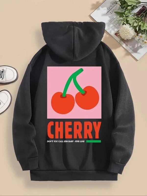 Women's Cherry & Letter Print Drawstring Hoodie, Fashion Casual Hooded Sweatshirt for Daily Holiday Outdoor Wear, Women...