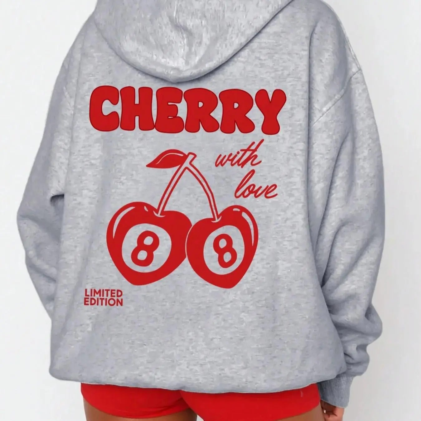 Women's Cherry & Letter Print Drop Shoulder Hoodie, Fashion Casual Drawstring Pocket Hooded Sweatshirt for Daily Holiday...