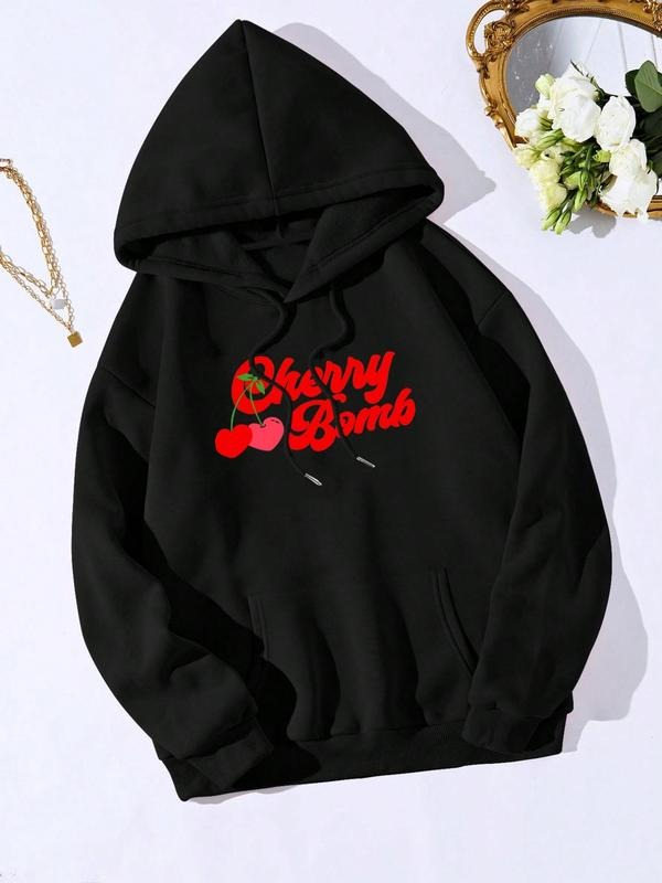 Women's Cherry & Letter Print Drop Shoulder Hoodie, Fashion Casual Drawstring Pocket Hooded Sweatshirt for Daily Holiday...