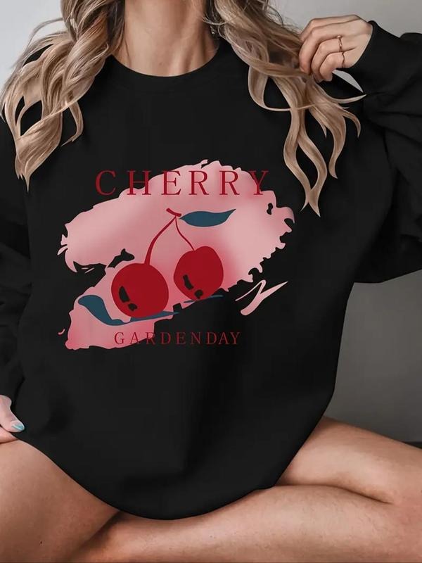 Women's Cherry & Letter Print Drop Shoulder Pullover, Casual Long Sleeve Crew Neck Sweatshirt for Fall & Winter, Women's...