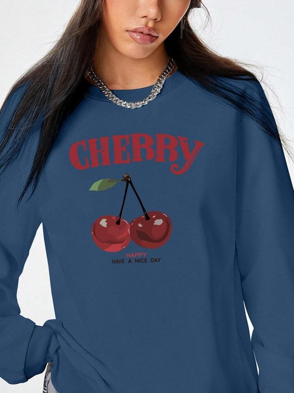 Women's Cherry & Letter Print Drop Shoulder Sweatshirt, Casual Long Sleeve Round Neck Pullover for Fall & Winter, Ladies...