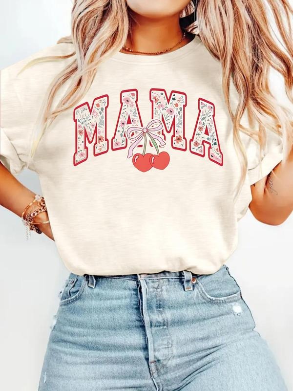 Women's Cherry & Letter Print Round Neck Graphic Tee, Vintage Trendy Casual Short Sleeve T-shirt for Daily Wear, Ladies...
