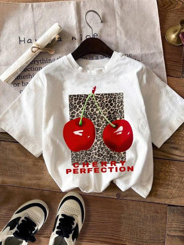 Women's Cherry & Letter Print Round Neck Tee, Casual Short Sleeve Crew Neck T-Shirt for Summer, Fashion Women's Top for...
