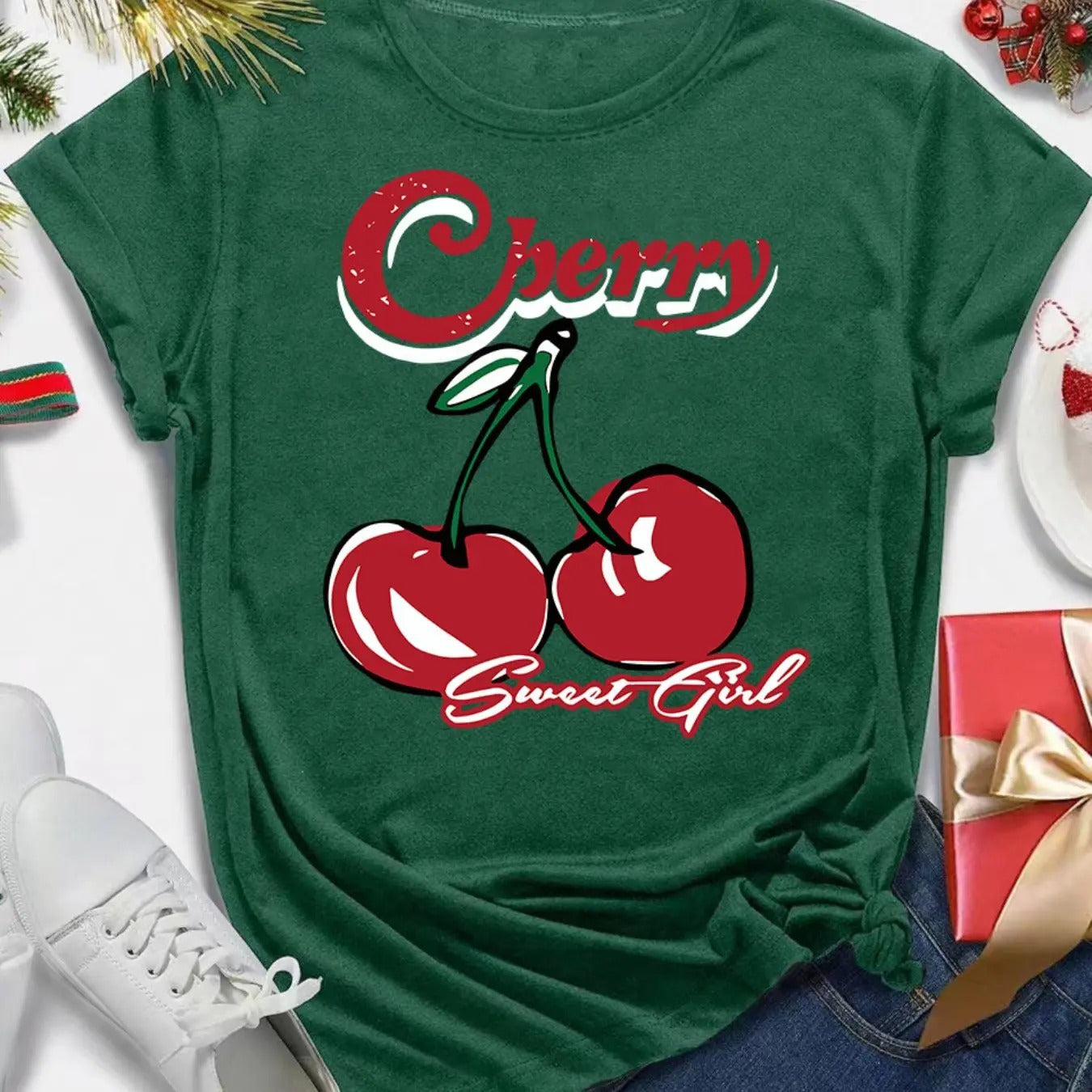 Women's Cherry & Letter Print Round Neck Tee, Casual Short Sleeve Crew Neck T-shirt for All Seasons, Fashion Women's Top...