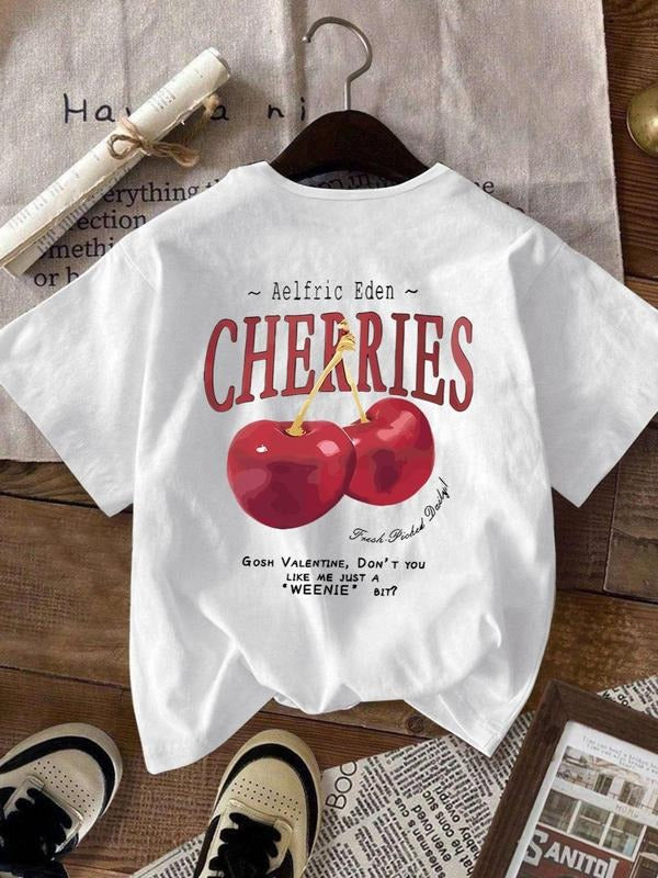 Women's Cherry & Letter Print Round Neck Tee, Casual Short Sleeve T-shirt for Summer, Ladies Clothes for Daily Wear...