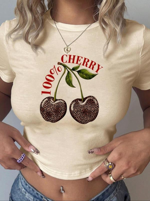 Women's Cherry & Letter Print Round Neck Tee, Casual Y2K Short Sleeve T-shirt for Summer, Women's Top for Daily Wear...