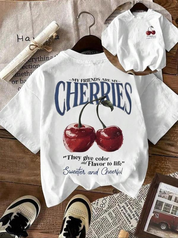Women's Cherry & Letter Print Round Neck Tee, Vintage Trendy Casual Short Sleeve T-shirt for Daily Wear, Ladies Summer...