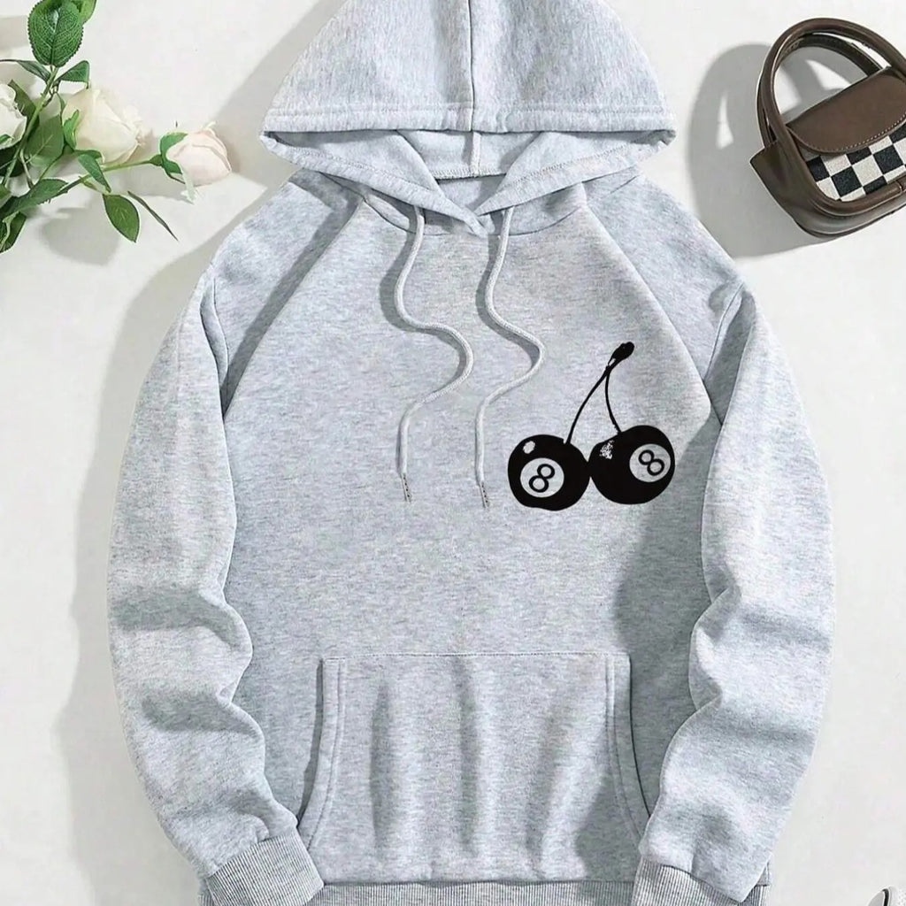 Women's Cherry & Number Print Drop Shoulder Hoodie, Fashion Casual Drawstring Pocket Hooded Sweatshirt for Daily Holiday...