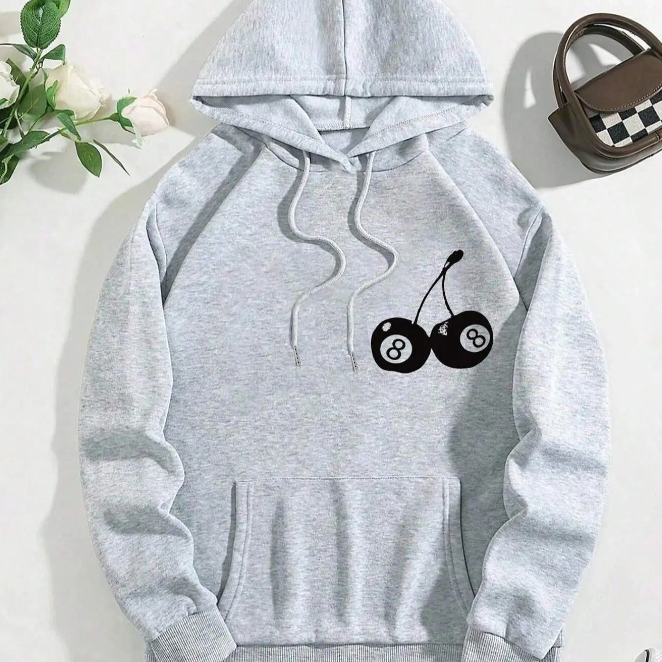 Women's Cherry & Number Print Drop Shoulder Hoodie, Fashion Casual Drawstring Pocket Hooded Sweatshirt for Daily Holiday...