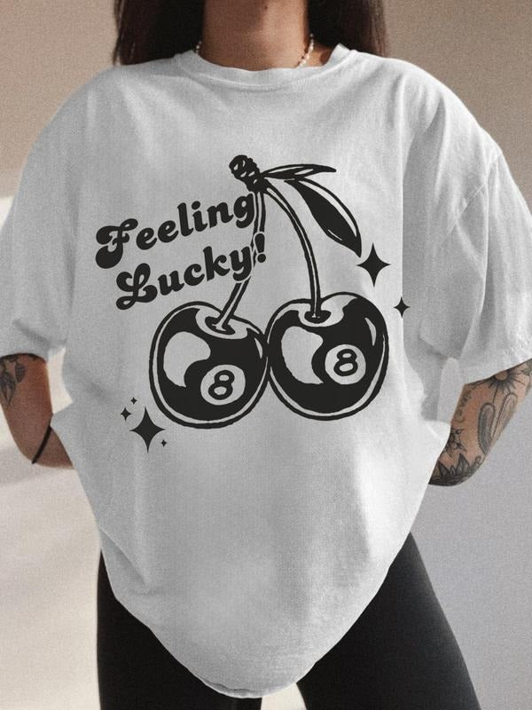 Women's Cherry & Number Print Round Neck Tee, Casual Short Sleeve Crew Neck T-Shirt for Summer, Fashion Women's Top for...