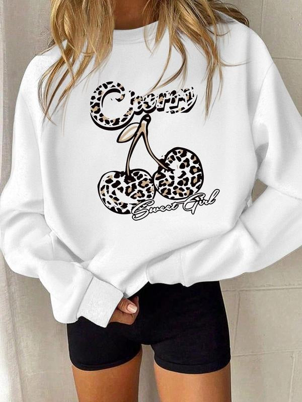 Women's Cherry Blossom Print Crew Neck Sweatshirt, Casual Long Sleeve Pullover for Fall & Winter, Women's Clothes for...