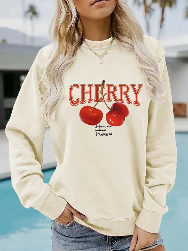 Women's Cherry Print Crew Neck Pullover, Casual Long Sleeve Sweatshirt for Spring & Fall, Fashion Women's Top for Daily...