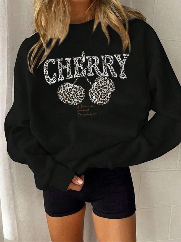 Women's Cherry Print Crew Neck Sweatshirt, Casual Long Sleeve Pullover for Fall & Winter, Women's Clothes for Daily Wear,...