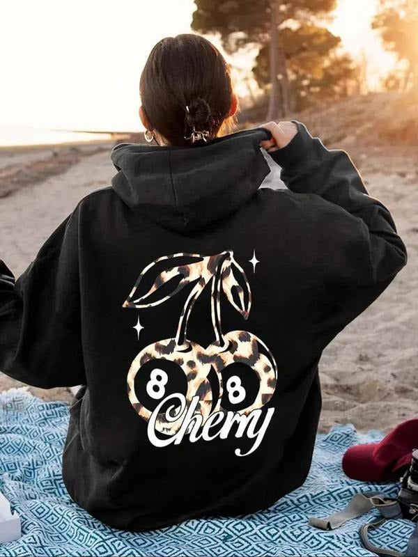 Women's Cherry Print Drawstring Pocket Hoodie, Casual Long Sleeve Hooded Sweatshirt for Fall & Winter, Women's Clothes...