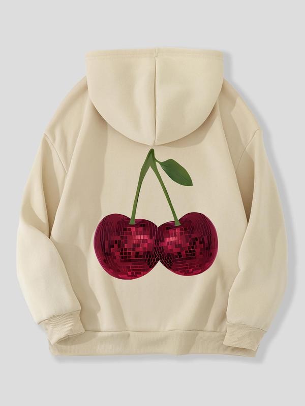 Women's Cherry Print Drawstring Pocket Hoodie, Casual Long Sleeve Hooded Sweatshirt for Fall & Winter, Women's Tops for...