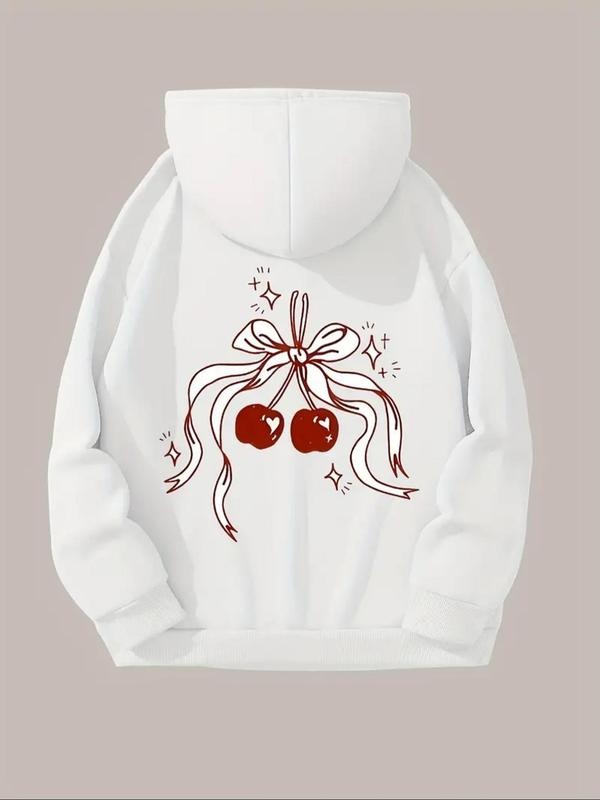 Women's Cherry Print Drop Shoulder Drawstring Thermal Lined Hoodie, Fashion Casual Pocket Hooded Sweatshirt for Daily...